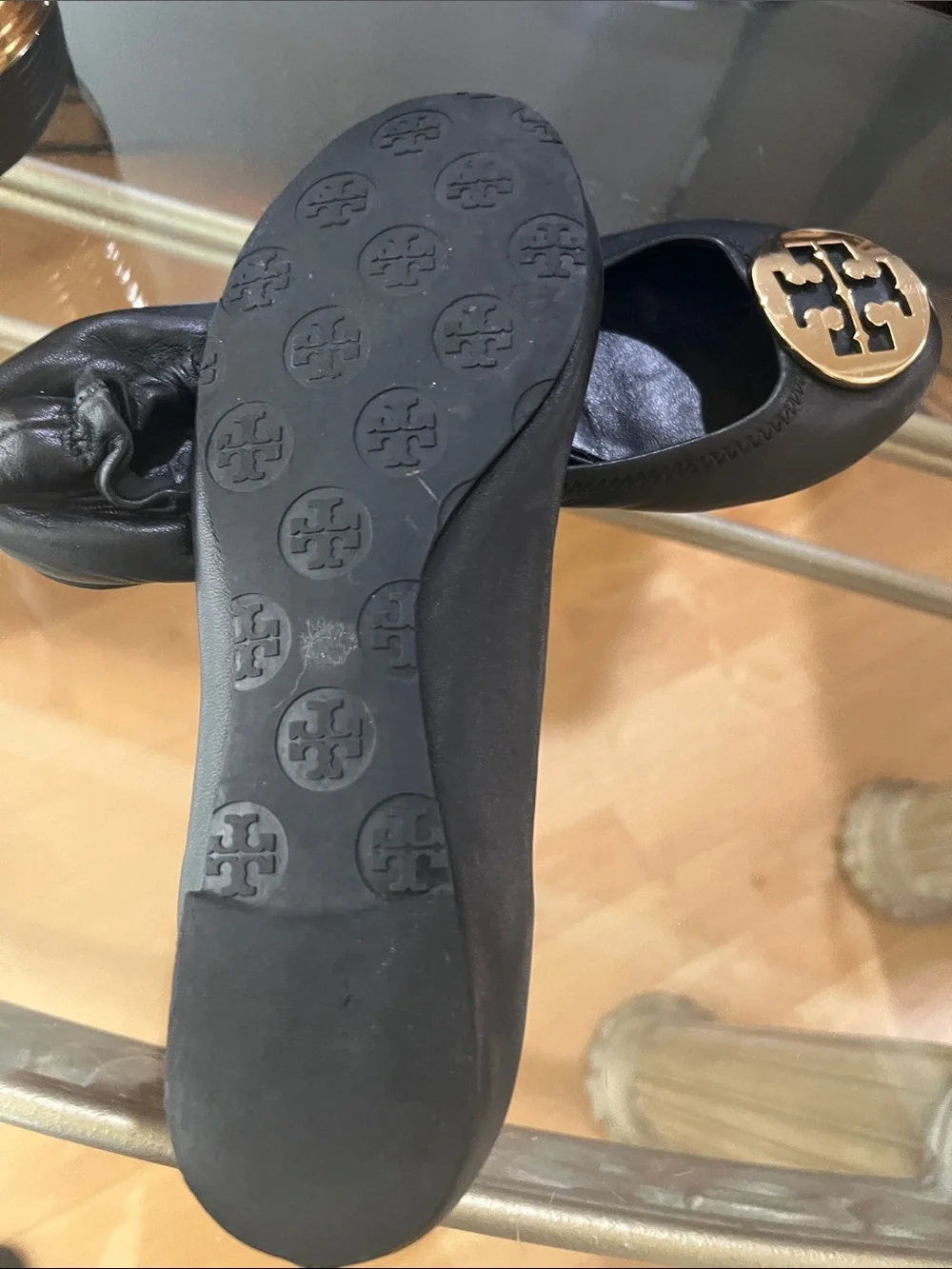 Tory Burch Black Leather Logo Ballet Flats with Gold Emblem